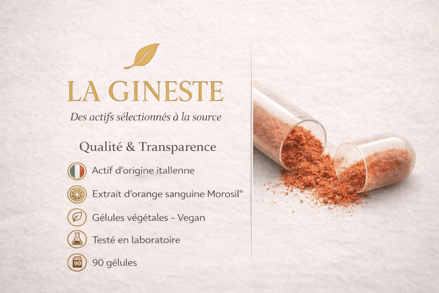 Qualité La Gineste — gélule ouverte, origine italienne, test labo